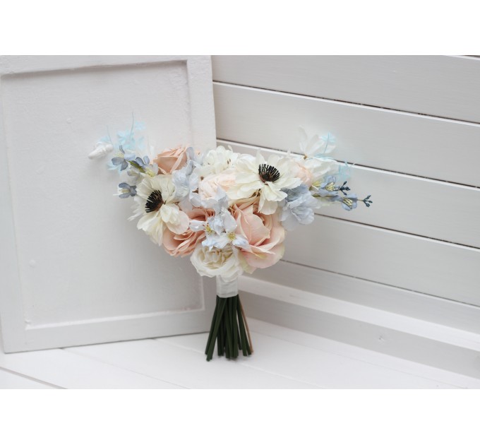 Dusty Blue, Blush Pink, White, and Beige Faux Flower Bridal Bouquet