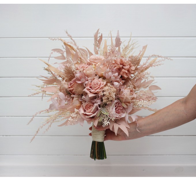 Pampas Grass Bouquet with Beige & Blush Pink Flowers | Boho Bridal & Bridesmaid Faux Bouquets