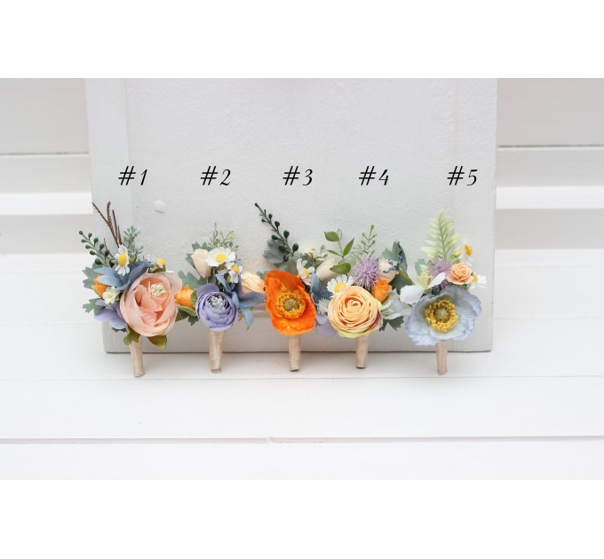 Colorful Wedding Boutonnieres in Peach, Dusty Blue, Ivory & Orange | Flower Accessories