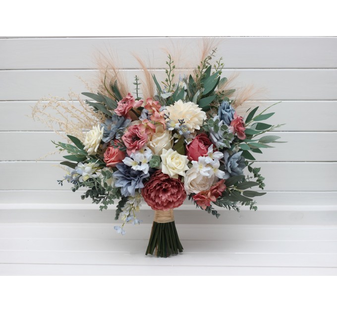 Ivory, Dusty Blue & Dusty Rose Bridal & Bridesmaid Bouquets with Pampas Grass | Boho Faux Wedding Flowers