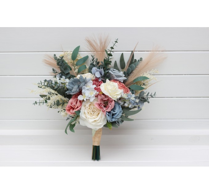 Ivory, Dusty Blue & Dusty Rose Bridal & Bridesmaid Bouquets with Pampas Grass | Boho Faux Wedding Flowers