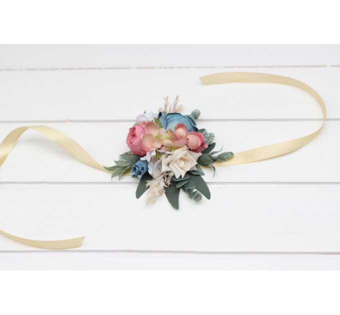 Wedding Boutonnieres & Wrist Corsage in Ivory, Dusty Blue & Dusty Rose | Flower Accessories for Weddings & Proms