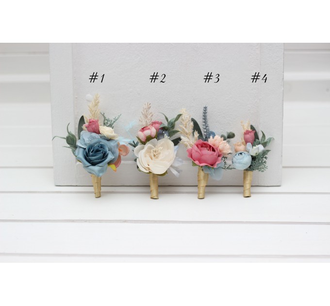 Wedding Boutonnieres & Wrist Corsage in Ivory, Dusty Blue & Dusty Rose | Flower Accessories for Weddings & Proms