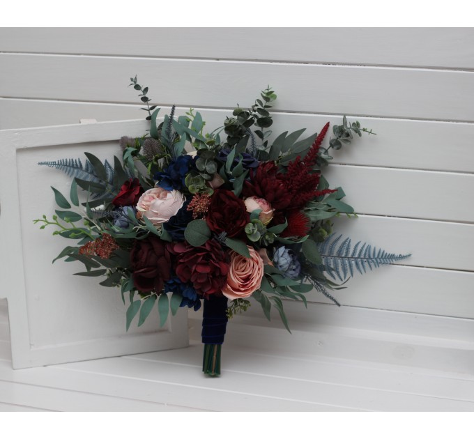 Wedding Bouquets in Burgundy, Navy Blue & Blush Pink | Large Bridal & Cascading Faux Flowers