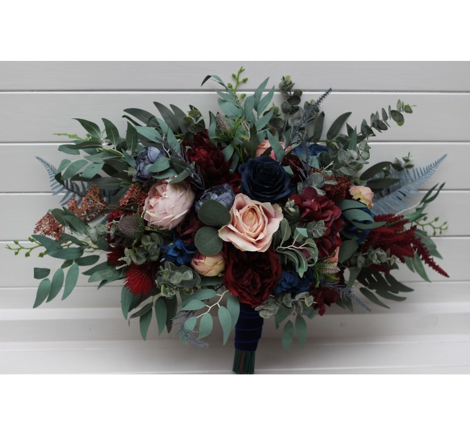 Wedding Bouquets in Burgundy, Navy Blue & Blush Pink | Large Bridal & Cascading Faux Flowers