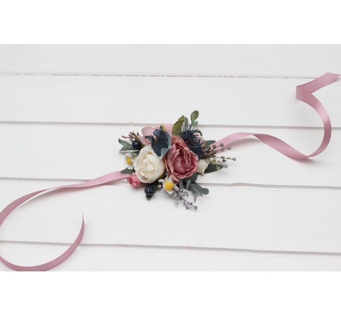 Wedding Boutonnieres & Wrist Corsages in Dusty Mauve, Dusty Blue & Ivory