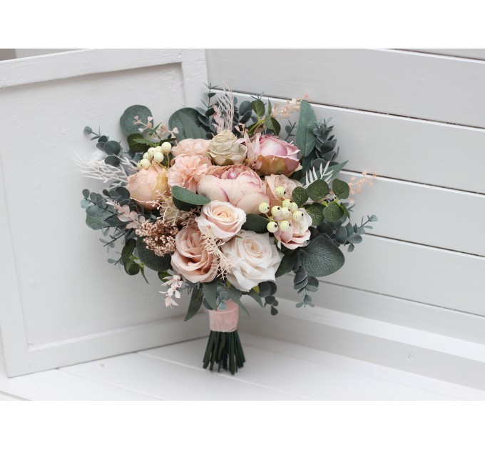 Blush Pink Wedding Bouquets with Eucalyptus | Bridal & Bridesmaid Faux Bouquets