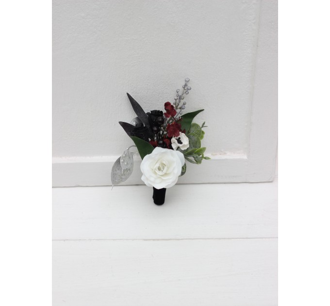 Wedding Boutonnieres & Wrist Corsage in Burgundy, Black, White & Silver | Faux Flower Accessories