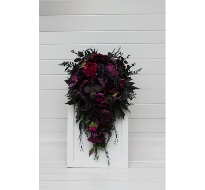 Purple, Magenta, Black & Green Cascading Bridal Bouquet | Faux Wedding & Bridesmaid Bouquets