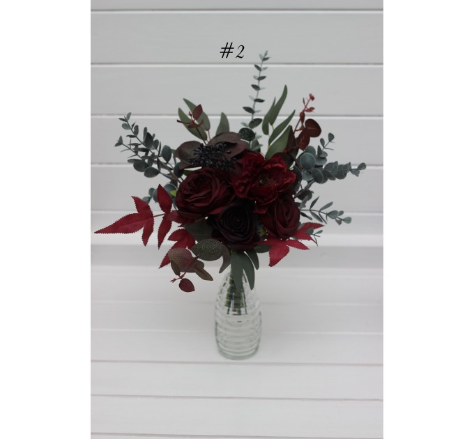Simple Wedding Table Flowers in Burgundy & Dark Green | Mini Vases & Centerpieces