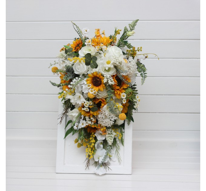 Cascade Sunflower Bridal Bouquet | Faux Fall Rustic Wedding Flowers