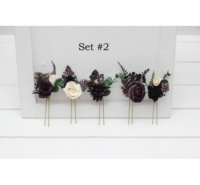 Set of 5 Hair Pins in Purple, Black, Ivory & Green | Faux Flower Wedding Hair Accessories