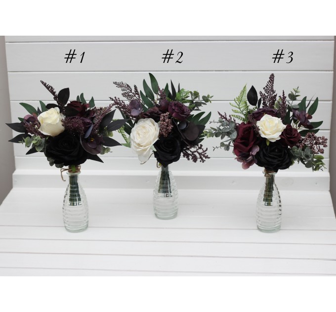 Simple Wedding Table Flowers in Purple, Black, Ivory & Green | Mini Faux Bouquets for Vases