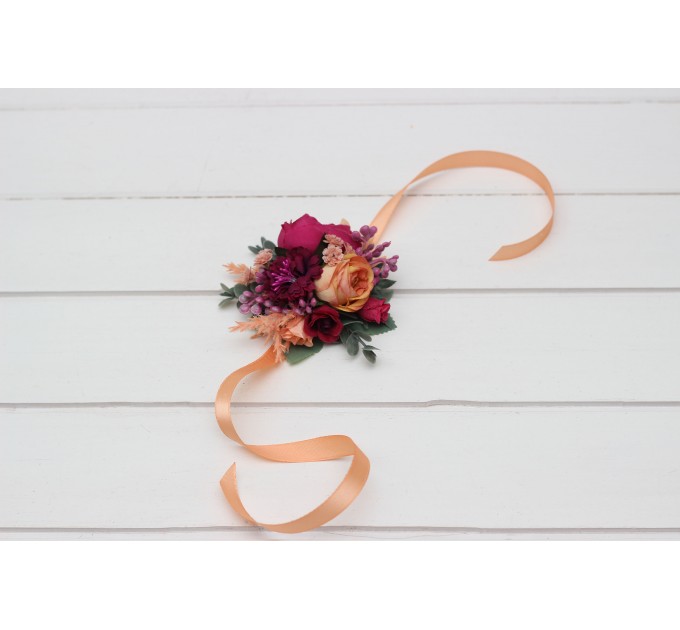 Wedding boutonnieres and wrist corsage in magenta peach coral color scheme. Flower accessories. 5295
