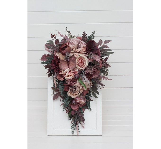 Bridal Cascade Bouquet in Mauve, Purple & Beige | Faux Wedding Flowers for Bridesmaid Bouquet