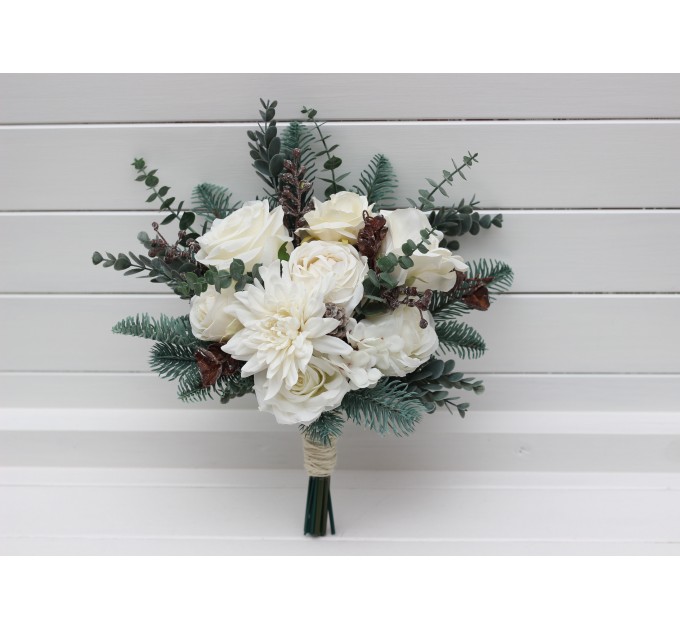 Winter Wedding Bouquets with Pine Branches in White | Faux Bridal & Bridesmaid Bouquets
