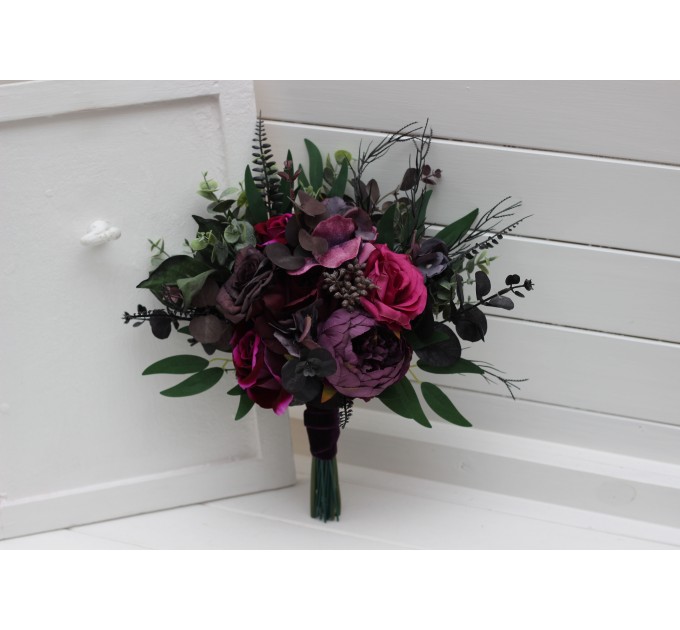 Purple, Magenta, Black & Green Cascading Bridal Bouquet | Faux Wedding & Bridesmaid Bouquets