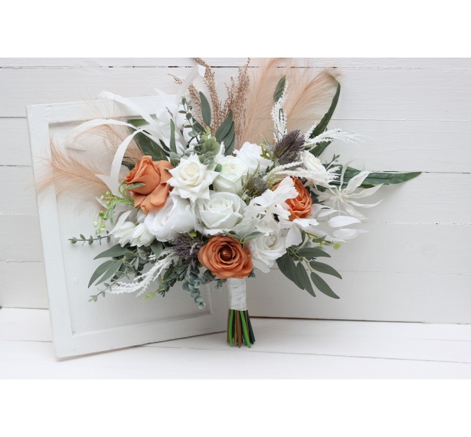 Boho pampas grass bouquet. White terracotta flowers. Bridal bouquet. Faux bouquet. Wedding flowers. Boho wedding bouquet. White roses bouquet. 5186