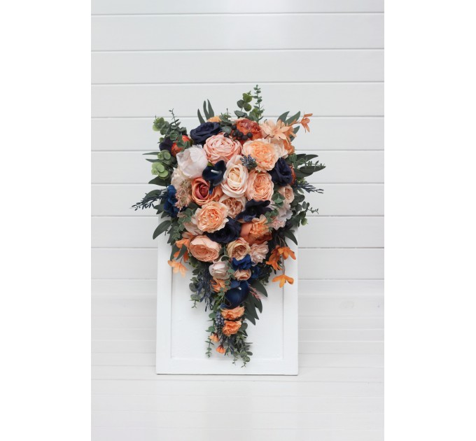 Peach & Navy Blue Cascading Bridal Bouquet – Elegant Faux Florals for Weddings