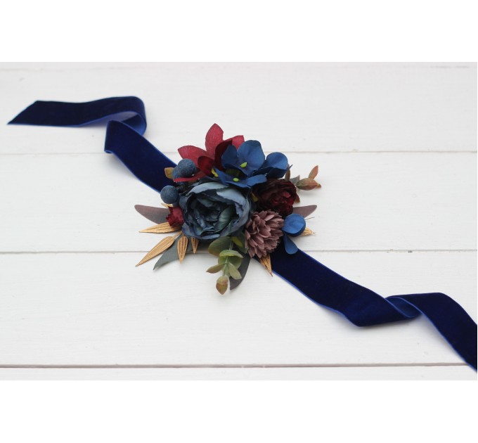 Wedding Boutonnieres & Wrist Corsage in Burgundy, Navy Blue, Dusty Rose & Gold | Faux Flower Accessories