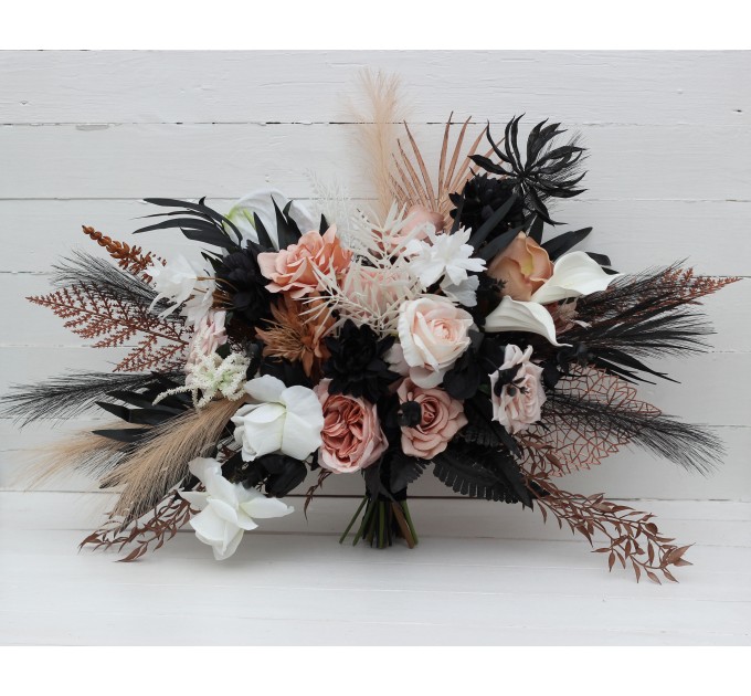 Dusty Rose, Black, Cinnamon, and White Cascading Wedding Bouquets – Gothic Bridal & Bridesmaid Designs