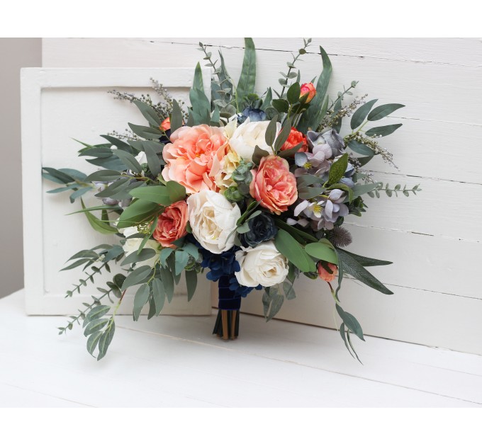 Wedding bouquets in navy blue coral ivory colors. Bridal bouquet. Faux bouquet. Bridesmaid bouquet. 5084