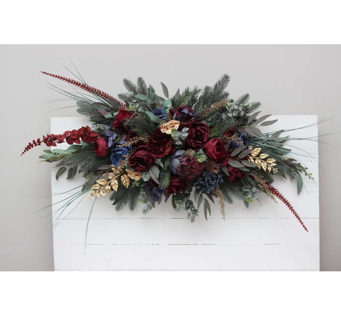 Flower Arch Arrangement in Burgundy, Navy Blue & Gold | Faux Floral Archway for Wedding