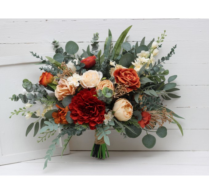 Rust, Ivory & Eucalyptus Bridal Bouquet | Faux Dahlia & Greenery Wedding Bouquets