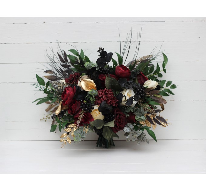 Burgundy, Black, Gold, and Ivory Wedding Bouquets – Bridal and Cascading Faux Bouquets
