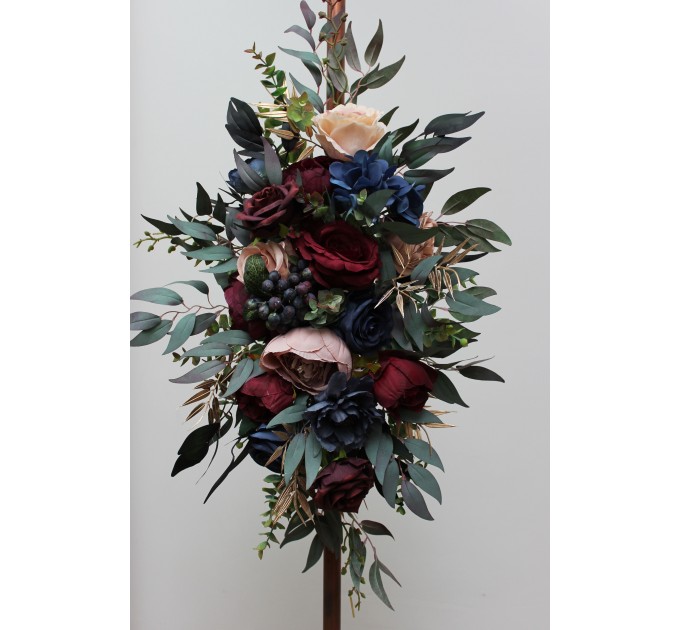 Flower Arch Arrangement in Burgundy, Navy Blue, Dusty Rose & Gold | Faux Floral Archway for Wedding