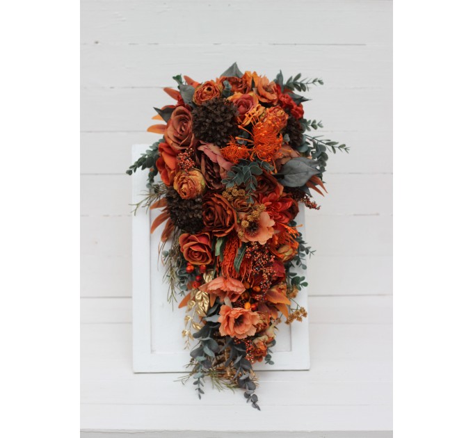 Wedding Bouquets in Rust, Terracotta & Burnt Orange | Cascading Bridal & Bridesmaid Faux Bouquets