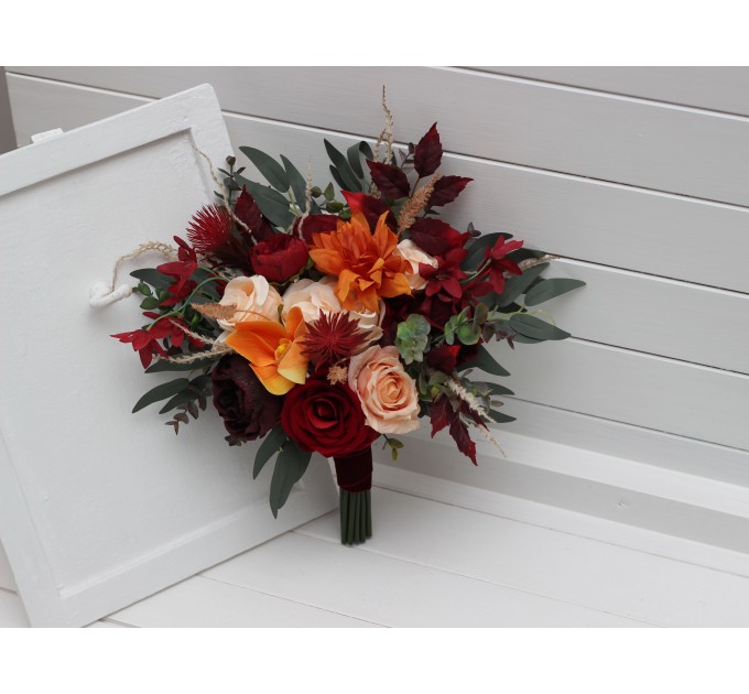 Burnt Orange, Red & Burgundy Cascading Bouquets – Faux Wedding Florals for Bride and Bridesmaids