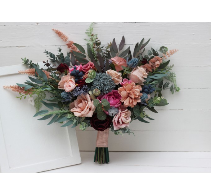 Wedding Bouquets in Burgundy, Dusty Rose & Blue | Cascading Faux Bridal & Bridesmaid Bouquets