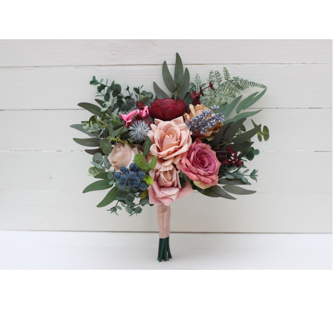 Wedding Bouquets in Burgundy, Dusty Rose & Blue | Cascading Faux Bridal & Bridesmaid Bouquets