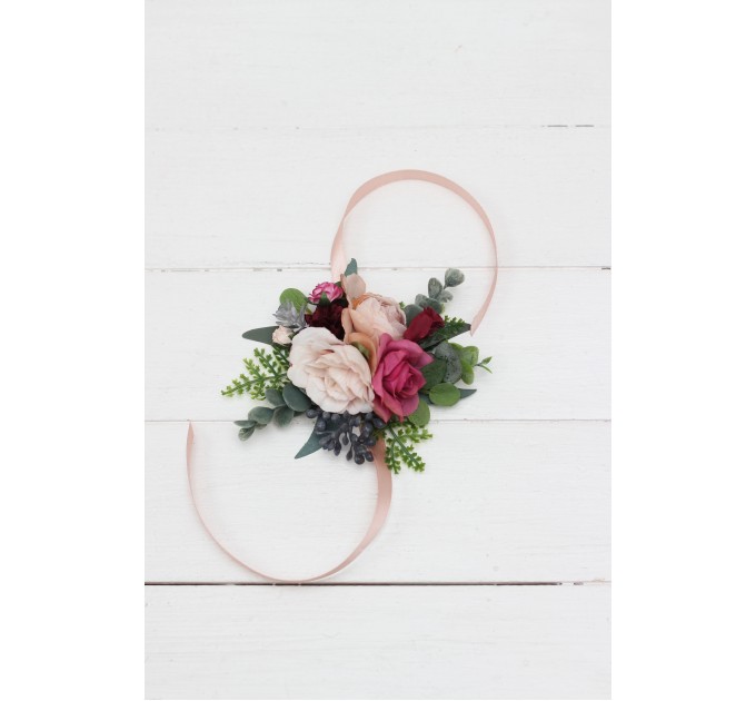 Wedding Boutonnieres & Wrist Corsage in Dusty Rose, Burgundy & Blue | Faux Flower Accessories