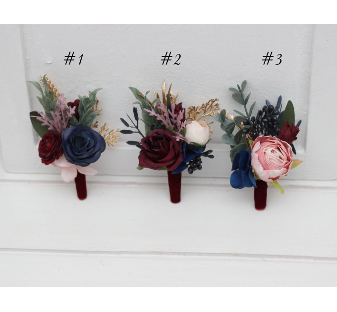Burgundy, Navy Blue, Gold & Pink Wedding Boutonnieres and Wrist Corsages – Faux Floral Accessories