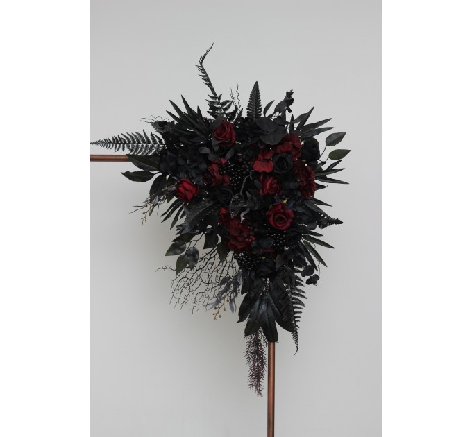  Flower arch arrangement in black and  burgundy colors.  Arbor flowers. Floral archway. Faux flowers for wedding arch. Halloween wedding. 5197