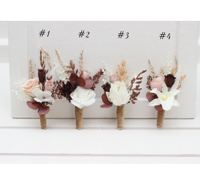 Beige, White & Brown Wedding Boutonnieres and Wrist Corsages – Neutral Faux Flower Accessories