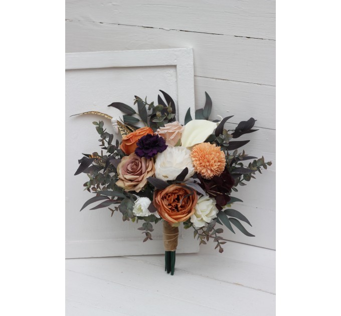 Wedding Bouquets in Deep Purple, Terracotta & Beige | Faux Bridal & Bridesmaid Bouquets