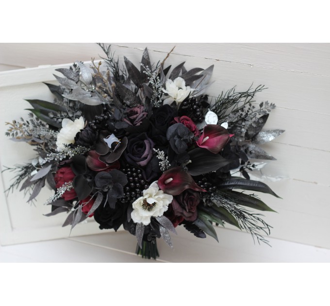 Deep Purple, Black, Silver, and White Anemone Wedding Bouquets – Gothic & Halloween Bridal Designs