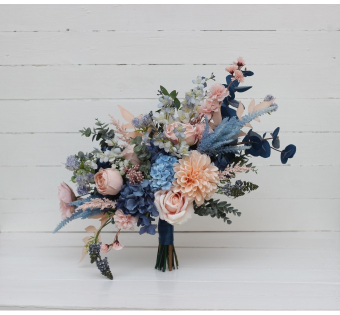 Dusty Blue, Blush Pink & Peach Dahlia Bridal Bouquet | Faux Wedding & Bridesmaid Bouquets