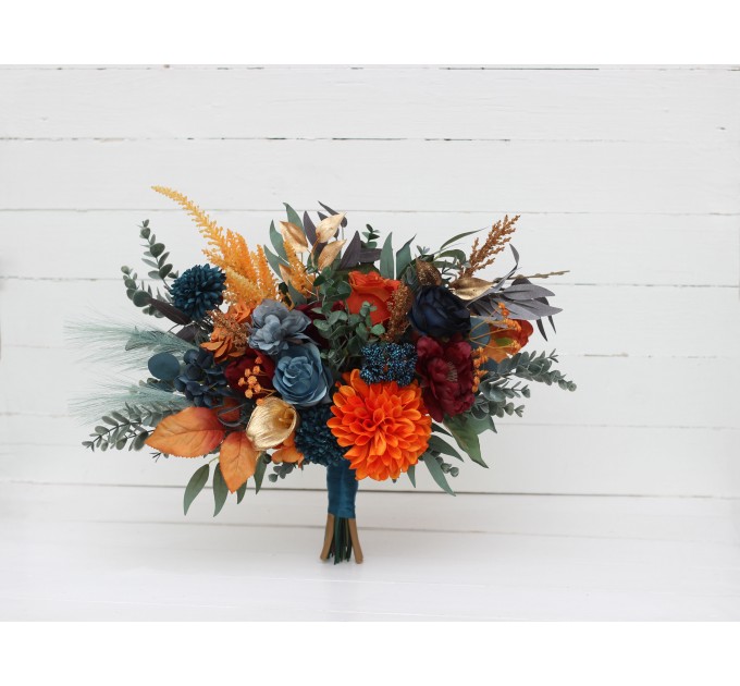 Dark teal rust gold bouquet. Navy blue orange flowers. Bridal bouquet.  Faux bouquet. Bridesmaid bouquet. 5208