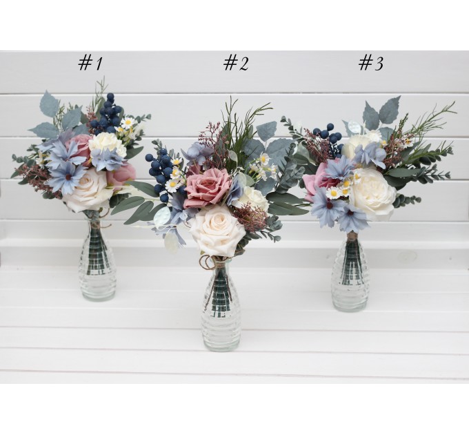 Dusty Mauve, Blue & Ivory Mini Bouquets – Faux Table Flowers for Wedding Centerpieces