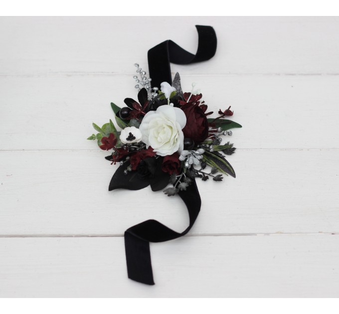 Wedding Boutonnieres & Wrist Corsage in Burgundy, Black, White & Silver | Faux Flower Accessories
