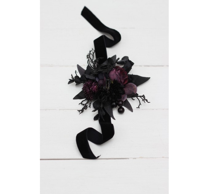 Wedding Boutonnieres & Wrist Corsage in Black & Purple | Faux Flower Accessories