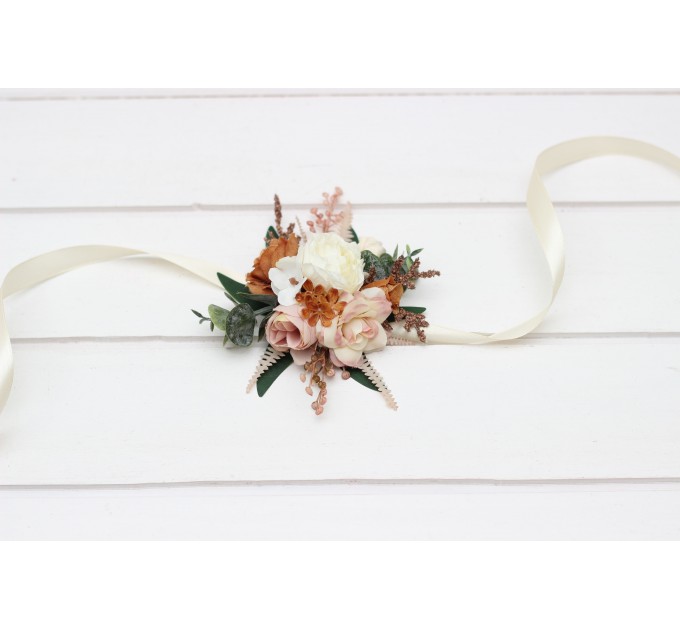 Rust, Terracotta & Ivory Wedding Accessory Set – Faux Boutonnières & Wrist Corsages