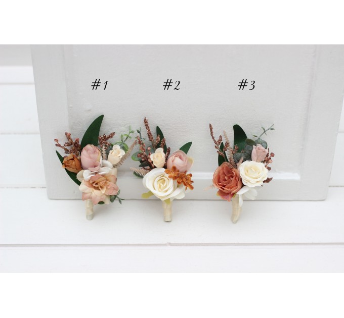 Rust, Terracotta & Ivory Wedding Accessory Set – Faux Boutonnières & Wrist Corsages