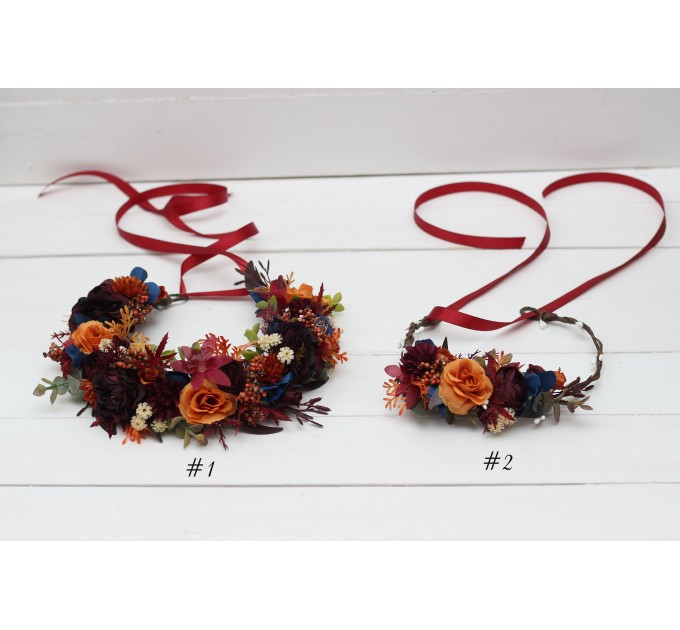 Rust orange burgundy blue flower crown. Hair wreath. Flower girl crown. Wedding flowers. 0043