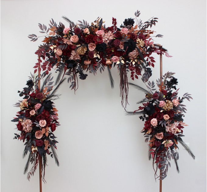 Flower Arch Arrangement in Black, Burgundy, Dusty Rose & Gold | Faux Floral Archway for Wedding