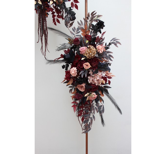Flower Arch Arrangement in Black, Burgundy, Dusty Rose & Gold | Faux Floral Archway for Wedding